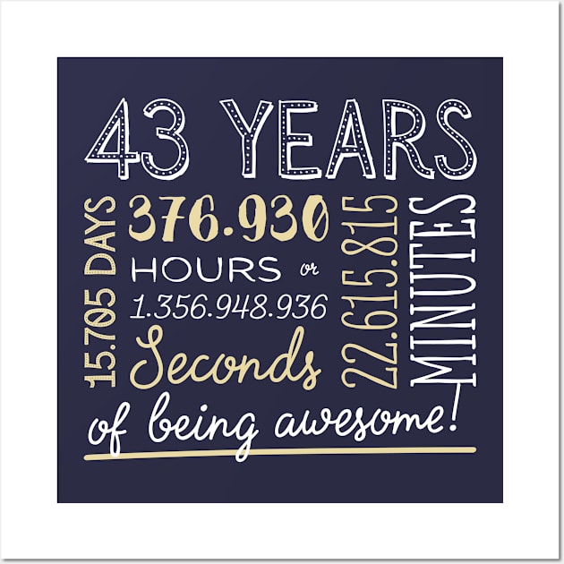 43rd Birthday Gifts - 43 Years of being Awesome in Hours & Seconds Wall Art by BetterManufaktur